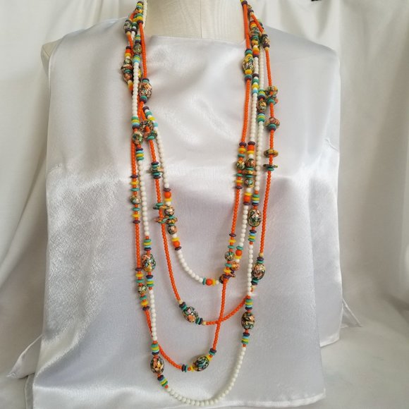 Multi 4 Tier Beaded Necklace Handmade Fun & Colorful Hippie Boho Cruise Jewelry - Picture 1 of 7